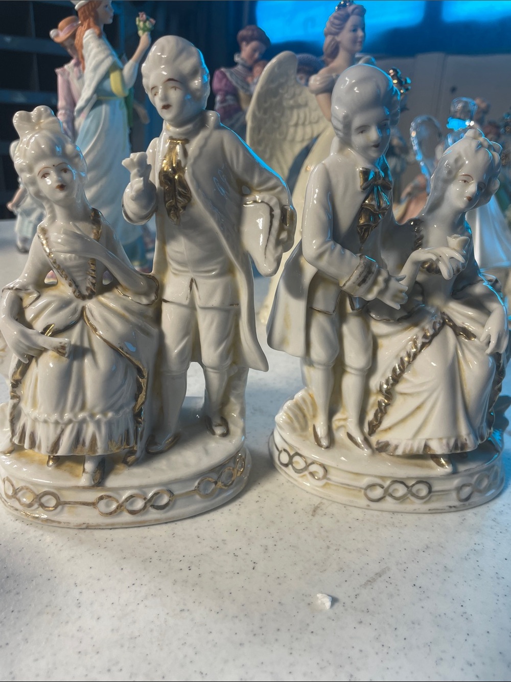 Porcelain Victorian Couple Figurines with Gold Trim